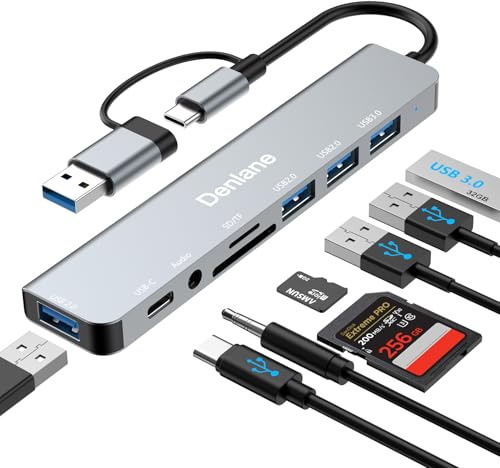 Denlane USB C Hub USB Hub 3.0 for Laptop, Upgrade 8 in 2 USB Splitter with USB-C/4 USB A Port Extender, TF/SD Card Slot, 3.5mm Audio Adapter, USBC USB Dongle for PC/Mac/MacBook/Laptop/iPad/Tablet