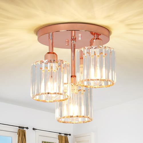 Rayofly Modern Crystal Chandeliers Ceiling Light, 3-Lights Crystal Ceiling Lights Living Room, Rose Gold Ceilings Light with Glass Lampshades, Ceiling Light Fittings for Kitchen Bathroom Bedroom Hall