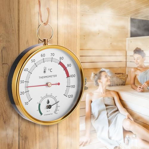 2-in-1 Sauna Thermometer and Hygrometer, Stainless Steel Round Sauna Thermo-Hygrometer High Accuracy Sauna Accessories, Digital Thermo-Humidity Meter for Steam/Sauna Room/Home Office