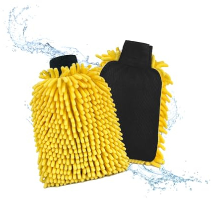 DU Life Lot de 2 Gants de Lavage de Voiture en Microfibre de qualité supérieure - Fins, Doux et absorbants - Éponges Chenille Jaunes pour l'entretien Professionnel de la Voiture