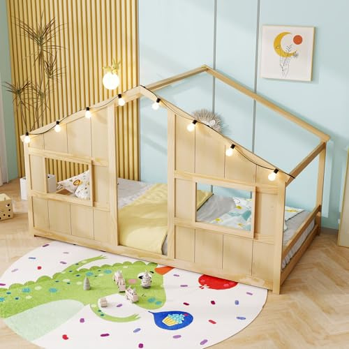 KOMFOTT Twin Floor House Bed with LED Lights, Montessori Floor Bed with House Shape Roof & Windows, Solid Wood Bed Frame Without Slats, Low to Ground Playhouse for Kids Boys Girls (Natural,Twin)
