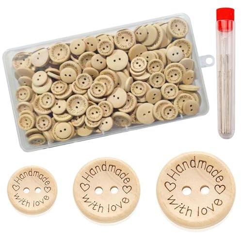 150 Wooden Buttons and 18 Sewing Needles Set, Natural Wooden Button, Natural Handmade Craft Buttons for DIY Sewing Decoration, 15/20/25 mm
