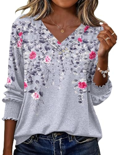 Rapbin Womens Blouses 3/4 Sleeve Tops V Neck Shirts with Buttons Decor | Spring Summer Casual Elrgant Tunic Dressy