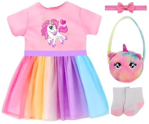 Baby Doll Clothes for 14-17 Inch Dolls, Pony Outfits for 35-43 cm NewBorn Baby Doll with Rainbow Tulle Dress with Pony Print, Hairband, Bag, Socks, Doll Clothes Christmas Birthday Gift for Girls Kid