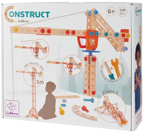 Eichhorn Construct Grue - 248 pièces 2 en 1 - Jouet de construction pour encourager la motricité et la créativité - Constructible comme grue ou vaisseau spatial - Bois certifié FSC - À partir de 6 ans