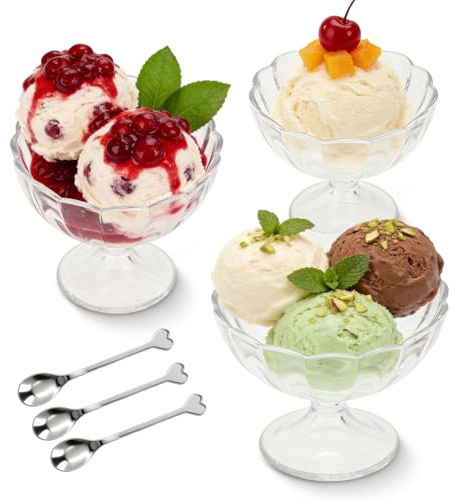 Tissting 3 st. glassbägare av plast, 150/200/280 ml dessertmugg, glassburkar med rostfri sked, återanvändbara trifleskålar med blomkant för fest, (klar)