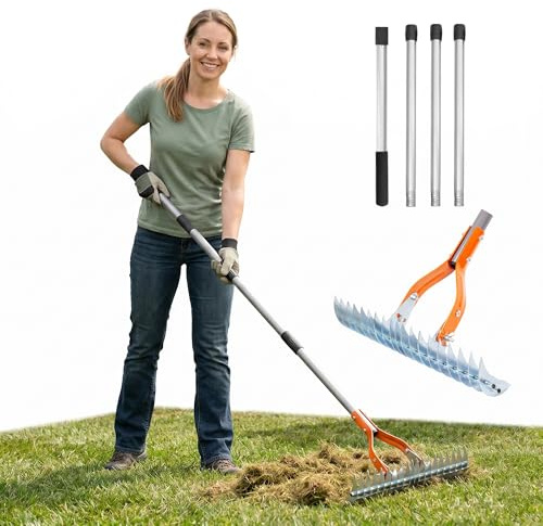 Rastrello scarificatore da 38 cm, rastrello per prato con manico regolabile da 177 cm, rastrello da taglio in metallo da giardino, scarificatore manuale, rastrello in acciaio robusto per rimuovere