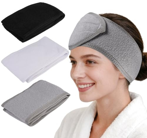 3 Pièces Bandeau Cheveux a Scratch de Maquillage Femme, Bandeau Soin Visage | 64 x 9 cm Bandeau Maquillage Femme Réglable, Bande Cheveux Demaquillaget, pour le Bain, Sport, Spa, Yoga, Maquiller