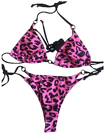 Bikini dam baddräkt dam, sport bikini dam utan bygel leopard justerbara remmar triangulära tvådelade band