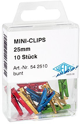 Wedo 542510 Klemmer Mini Clip plastique (dans une boîte transparente, 25 mm) Lot de 10, couleurs assorties