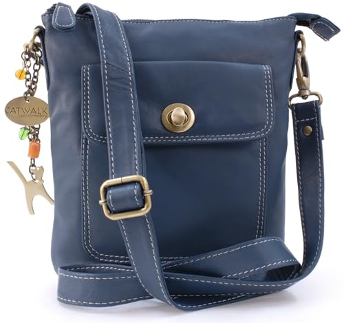 Catwalk Collection Handbags - Damen Leder Umhängetasche - Crossbody Bag/Handtasche Klein - Verstellbarer Abnehmbarer Schultergurt - Laura - Blau