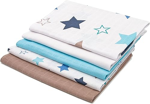 ZOLLNER 5er Set Musselin Spucktücher in 70x70 cm aus Baumwolle - hautfreundliche Mulltücher - besonders weich und extrem saugstark - waschbar bis 60°C - in weiß blau braun