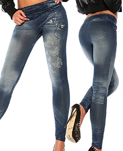 Damen Jeans Look Leggings Leggins Treggings Skinny Jeggings mit Schmetterling Gedrückt Muster Blau