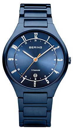 BERING Herren Quarz Uhr | Armbanduhr 39 mm blaues Titangehäuse und blaues Zifferblatt | Titanband mit Titanelementen | 5 ATM | 11739-797