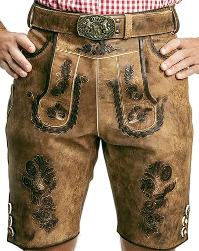 SYMPHONIE WESTERWALD Bayerische Herren Trachten Lederhose mit Trachtengürtel + Hosenträger, speckig, antik Look, braun, Gr. 56