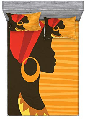 ABAKUHAUS afrikanisch Buntes Spannbetttuch- und Kissen-Set, Mädchen Silhouette in Grace, Dekoratives und Bedrucktes 3-teiliges Bettwäscheset, 150 cm x 200 cm, Dunkelbraun und Marigold