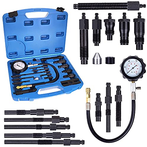 TECHNIC Manomètre - Pressure Gauge G1011 - Compression - Moteur DIESEL - Kit d'ensemble - 17 pièces - Pression maximale 70 bar - Longeur de Tuyau 450 mm - Valise