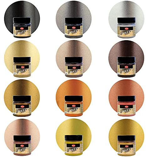 Maya Gold 12er Farbset - Glamorous Moments - Metall-Glanz Effektfarbe, Bastelfarbe, Dekofarbe mit metallischem Schimmer, 12 x 45 ml
