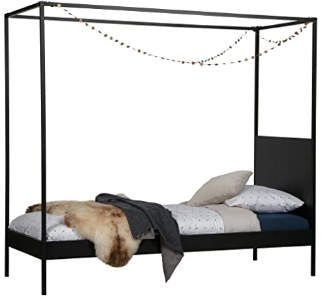 WOOOD Dani Himmelbett 90x200 cm - Hausbett Schwarz Metallbett ohne Matratze Einzelbett mit Lattenrost aus Stahl Schlafzimmerbett 190x205x95 cm