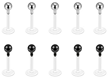 PiercingJak 10Pcs Piercing Labret Lèvre Bioflex Piercing Tragus Cartilage Hélix Nez Bouche Acrylique Acier Inoxydable Boule Noir Argent 3mm Boucle Clou d'oreille Femme Homme Stud Bijoux de Corps