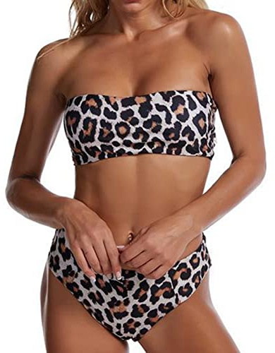 Femmes Maillots de Bain sans Bretelles Bandeau Bikini Ensemble Maillot de Bain Sexy Imprimer Taille Haute Deux Pièces Maillots de Bain Ensemble Maillot de Bain pour Les Femmes(L-Imprimé léopard)