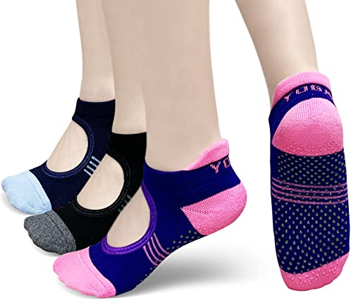 PUTUO Calcetines de Yoga Antideslizantes para Mujer: Calcetin Pilates para Mujeres para Yoga Danza Deporte Ballet Tamaño 37-42 Rosa Negro Azul 3 pares