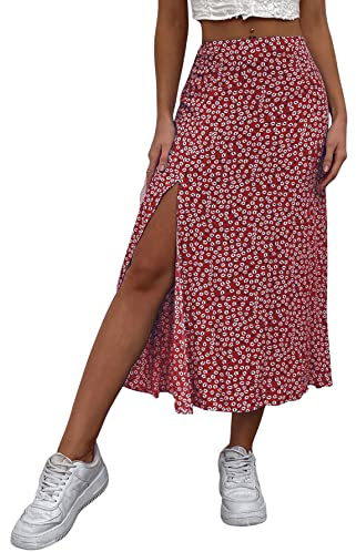 GORGLITTER Jupe d'été longue pour femme - Avec fleurs - Avec fente - Jupe trapèze - Jupe florale - Taille haute