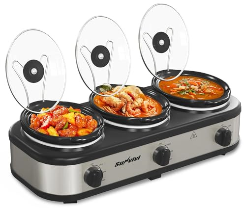 Sunvivi Triple Slow Cooker, Buffet Server and Food Warmer, Small Mini Pot with 3 Adjustable Temp & 3 Visible Glass Lids, for Parties, Holidays and Entertaining, Stainless Steel, 3 * 1.5 Quarts