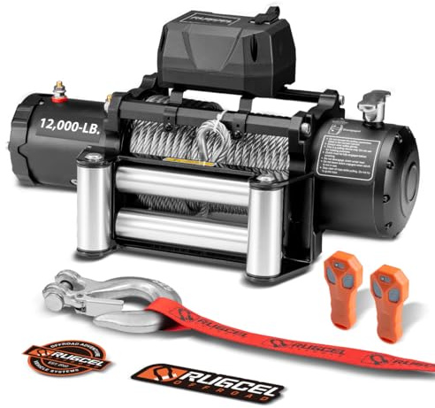 RUGCEL 12000lb Waterproof Electric Winch – 12V Steel Rope (85ft) with Roller Fairlead, IP67 Rated, 2 Infrared Remotes + Wired Handle, for Truck & Wrangler