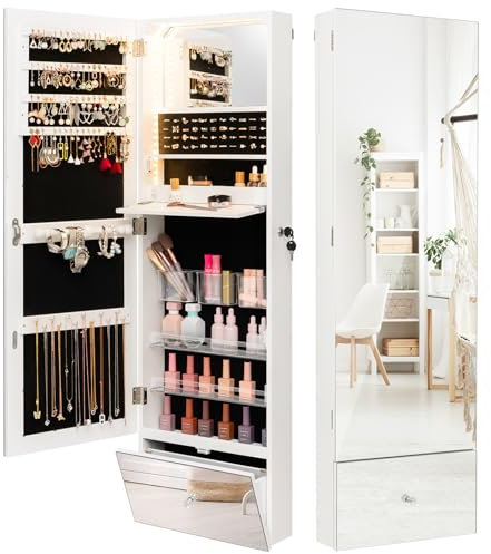 COSTWAY 3-Color LED Lights Jewellery Cabinet, Wall Mounted Jewelry Armoire with Full Length Mirror and Large Storage, Bedroom Lockable Cosmetics Jewellery Organiser Unit Gift, White