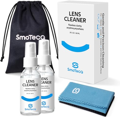 SmoTecQ Glasses Cleaner Kit – Alcohol-Free, Plant-Based Spray + Ultra-Soft Microfiber Cloths for Eyeglasses, Screens & Cameras – 2 x 2oz Spray Bottles + 2 Cloths + Travel Pouch Set