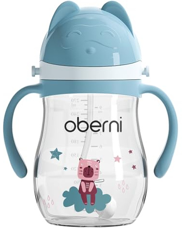 Oberni Baby sippy kopp med handtag och rem, spillfri vattenflaska för 6 12 månader + småbarn, BPA-fri | Tritan | Diskmaskinssäker | Läckagesäker ventilerad pip | Klicka på låsspets | 270 ml 9 oz | Blå
