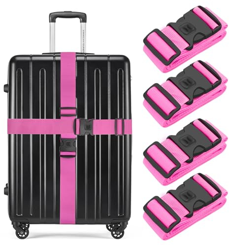 BILIONE 4 Pcs Luggage Straps for Suitcases Strap Lockable Suitcase Belts | Heavy Duty Luggage Straps,Adjustable Suitcase Straps,Premium Accessory for Travel Bag Closure(Dark Pink)