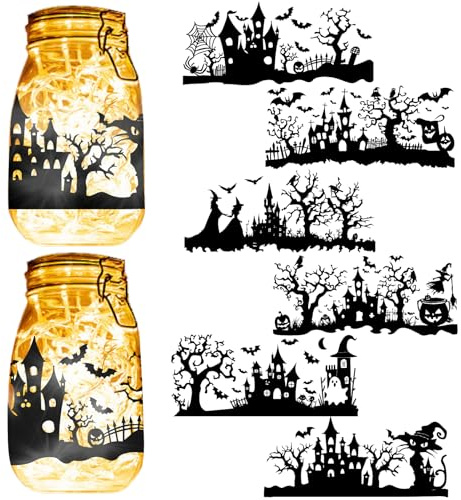 CREATCABIN 6Pcs Halloween Silhouettes Mason Jar Decor Laser Cut Cardboard Scrapbook Cutouts Die Cuts Embellishments PVC Lamp Film for Crafting Lantern Jars Wall Painting Glass-No Sticker 8x3.5Inch