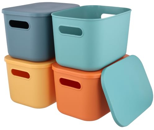 MAKTSAM 4 PCS Colorful Storage Bins with Lids, Thickened Coloured Stackable Storage Container Cupboard Storage Baskets for Shelf Cabinet Bedroom Office