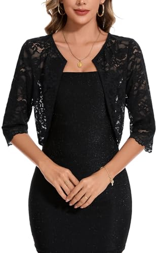 MINTLIMIT Spetsbolero kofta dam 3/4 ärm kofta kort boleroklocka krok stängning topp lätt elegant, B-Svart, XL