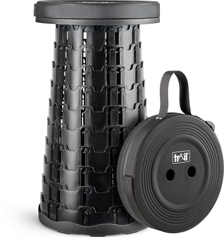 Trail Telescopic Stool, Adjustable 7cm–45cm, Black | Collapsible Compact Design, Safety Lock Mechanism, Lightweight with Carry Strap, 150kg Capacity, Ideal for Camping & Hiking