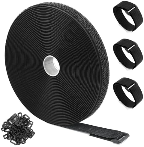 ZSURLUX 2,5cm*10m Klettband mit 50 Schnallen, Breit Klett Kabelbinder Wiederverschließbar, Klettverschluss Band Verstellbar, Klettgurt mit öse zur Organize und Aufbewahrung Schwarz