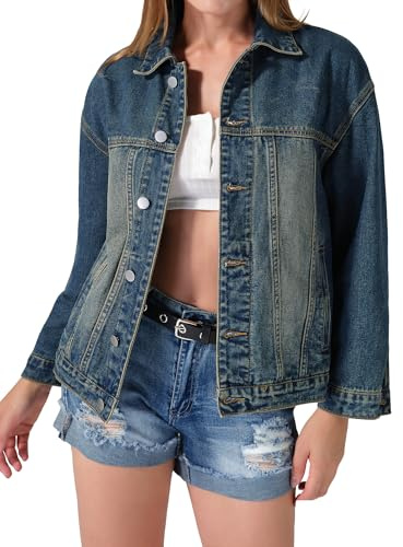 roswear Women’s Denim Jackets Oversized Button Long Sleeve Washed Jean Trucker Jacket with Pockets Faded Denim Blue Large