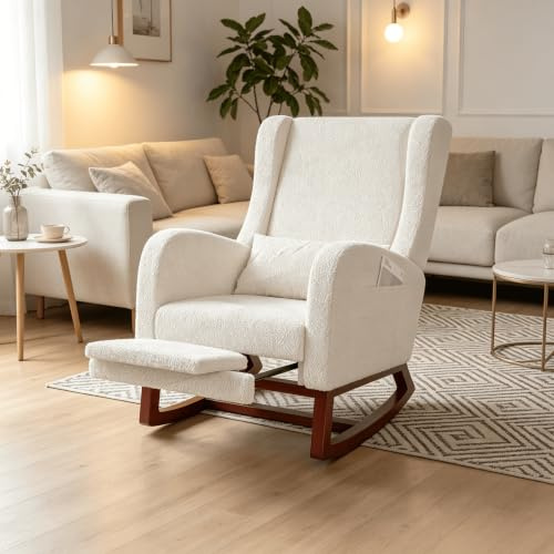 Sillón Mecedora de Lactancia con Bolsillo Lateral y Cojín, Butaca Mecedora Tapizada en Tela de Lino, Silla Mecedora Relax con Patas de Madera Maciza para Salón, Dormitorio y Lectura (Blanco-1)