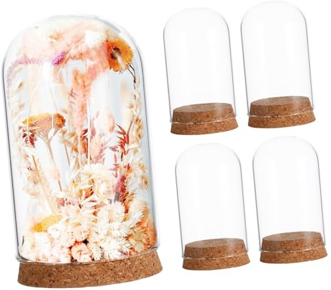 DECORNIJIA 5 Piezas Cúpulas de Vidrio Transparentes con Tapa de Corcho Cubiertas Decorativas para Mesa y Exhibición de Flores Preservadas para Bodas y Decoración Elegante
