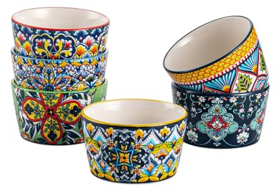 HENXFEN LEAD 4oz Ramekins Set of 6, Creme Brulee Souffle Dishes Porcelain, Mini Baking Dishes in Colourful Designs for Delicious Spiced Meat, Ragout Fin and Pudding - Bohemian Style