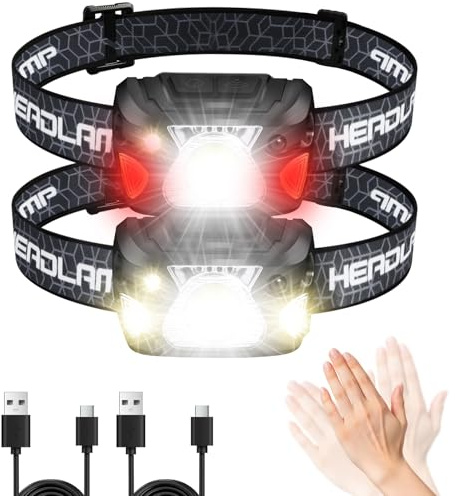 Yeecka Torcia Frontale LED Ricaricabile 2 pezzi, 2000 Lumen lampada frontale,6 Modalità Luce Bianca e Rossa, Con Sensore, IPX4 Impermeabile per Torcia Testa Lampada da per Campeggio, Corsa, Trekking