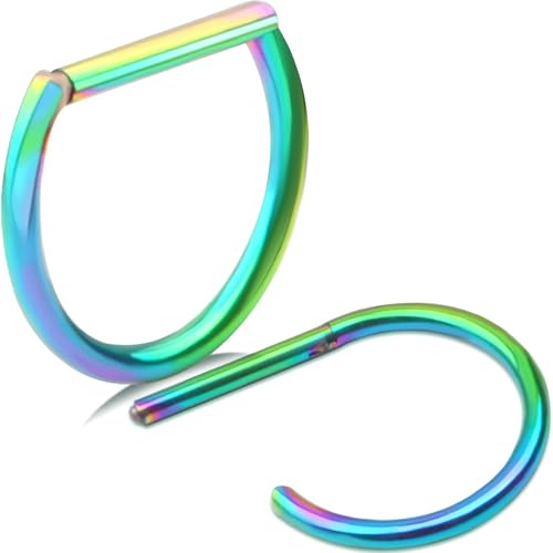 2PCS Titanium Steel D Shaped Nipple Rings 14G for Nipple Piercing Jewelry, Higned Segment Clicker Ring 12 mm Hoops Nipple Bars for Women Men, Multicolored
