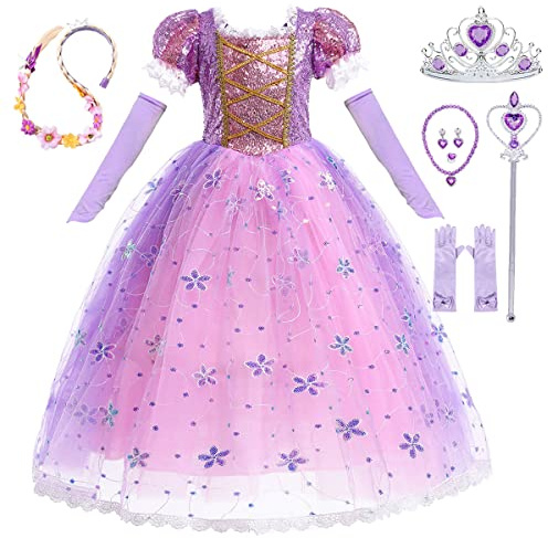 LiUiMiY Prinsessa flicka lila kostym med tillbehör karneval tyllklänning fest födelsedag jul Halloween, 6–7 år (etikett 140)