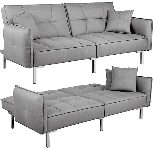 Yaheetech Klappbares Schlafsofa Bettsofa aus Leinenstoff Tagessofa mit 2 Kissen, Sofa Couch mit Bettfunktion Liegefläche 177 cm L × 110 cm B fürs Wohnzimmer/Schlafzimmer/Gästezimmer Hellgrau