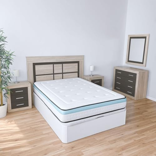 Homey - Pack Dormitorio Completo con Cabecero Nórdico Omabella de 160 x 120 cm + 2 Mesitas de Noche + Cómoda + Espejo de Pared | Colores Cambria y Grafito (para Cama de 135-140 o 160)
