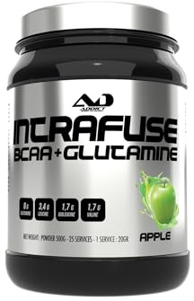 Intrafuse BCAA + Glutamine – Mélange puissant de BCAA naturel et acide glutamique – BCAA poudre pour récupération et croissance musculaire – BCAA en poudre délicieux – Pomme – 500 g