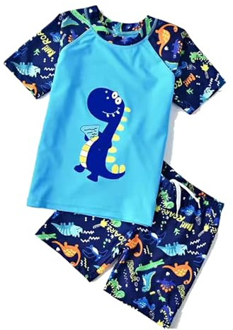 NautySaurs Baddräkt för pojkar, tvådelad baddräkt för barn, rashguard, t-shirt, badshorts set, dinosaurie badmode, blå, 1-2 år