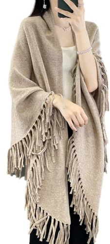 Ailaile 100 % laine mérinos châle Wrap Femmes Tassel Poncho Cape Cardigan Automne Hiver Pull Ouvert Manteau, camel, taille unique